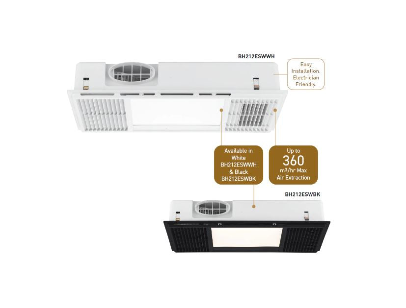 Mercator Mercury 3-in-1 Bathroom Heater 2000W PTC Heating Element in Black Or White
