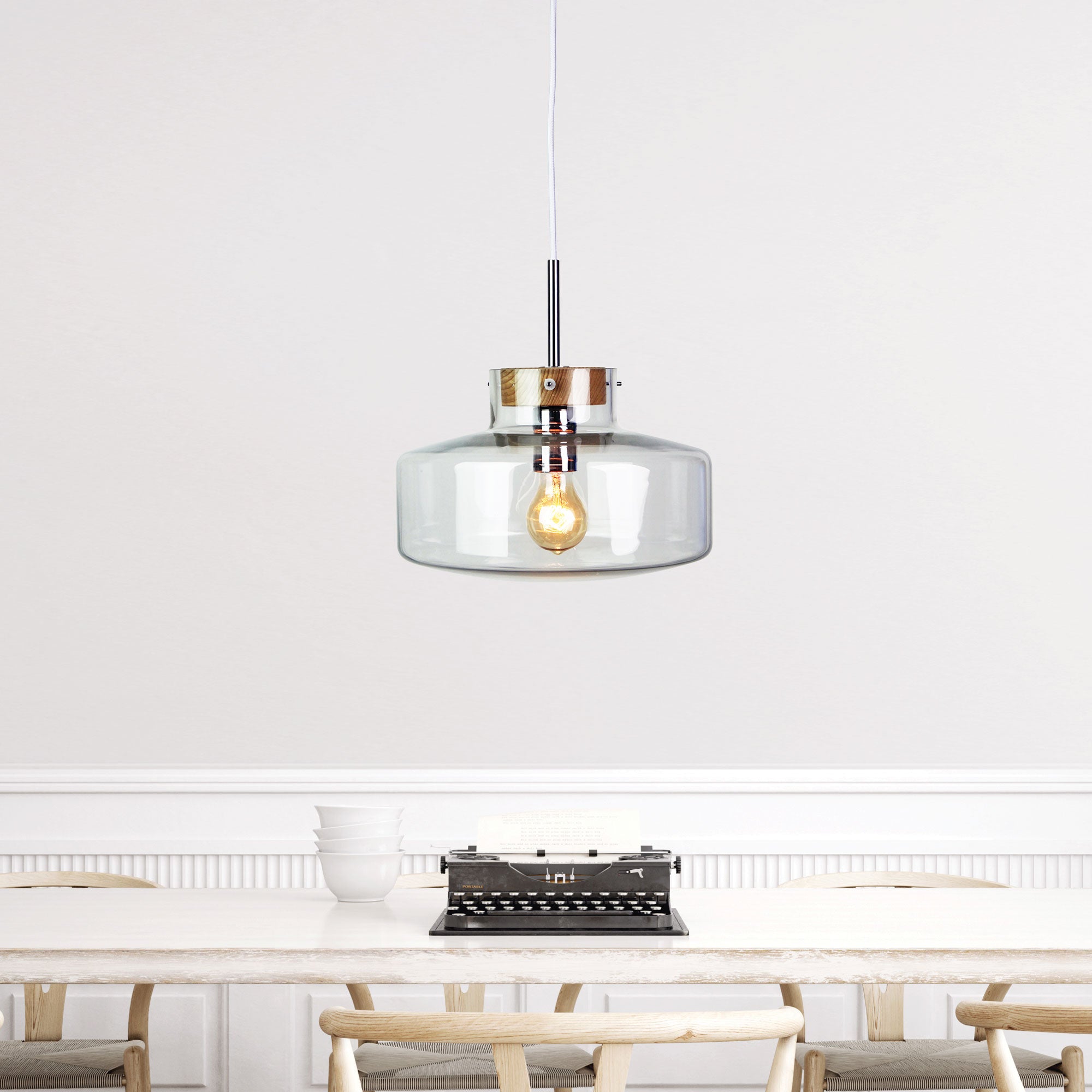 HOLBECK.30 Scandi Clear Glass and Timber Pendant - OL69291/30CL