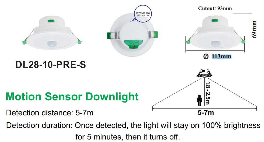 LED Downlight With Sensor Tri Colour 3K 4K 5K With Flex and Plug