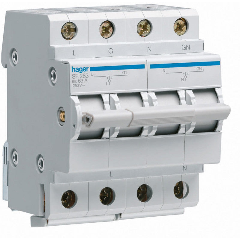 HAGER SF263 | Changeover Switch 2 Pole 63 Amp 240v 50Hz Din Mounted