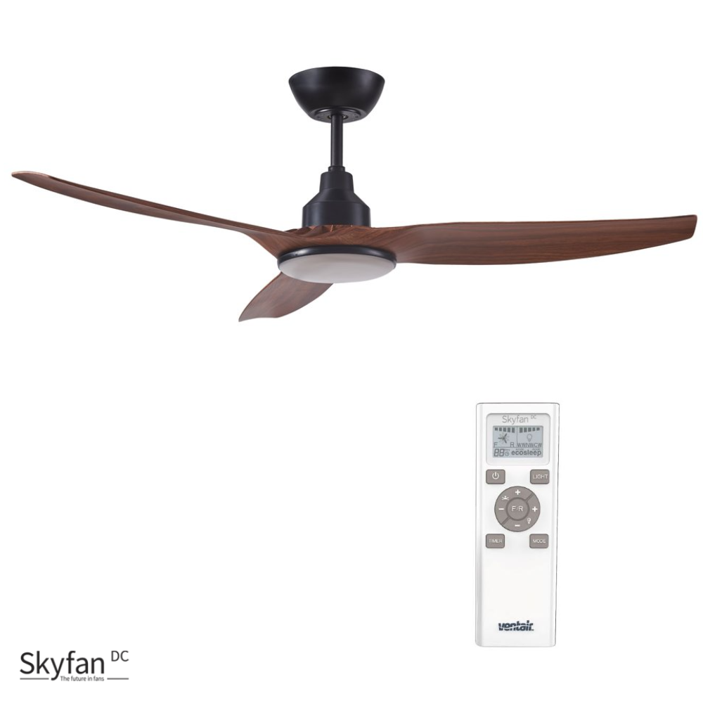 Skyfan Ceiling Fan DC Motor, CCT LED Light & Remote by Ventair 60″ in Black with Teak