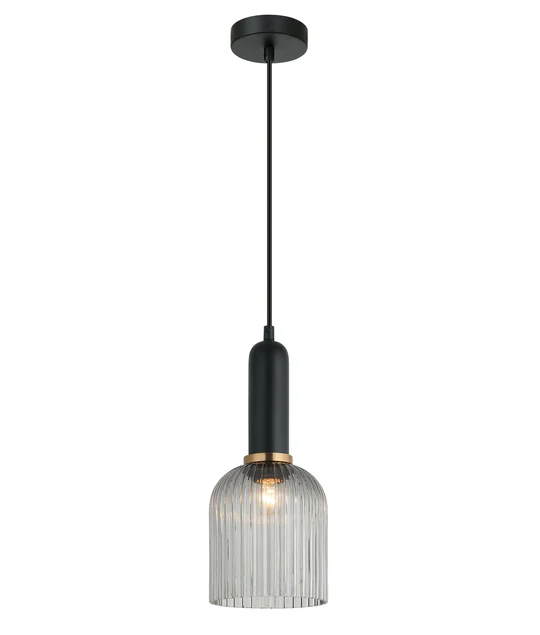 VINTAJ Smokey Black Ellipse Shape Ribbed Glass Pendant Lights VINTAJ7