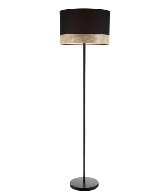TAMBURA Black Cloth Shade With Blonde Wood Trim Large Floor Lamp - TAMBURA12TL
